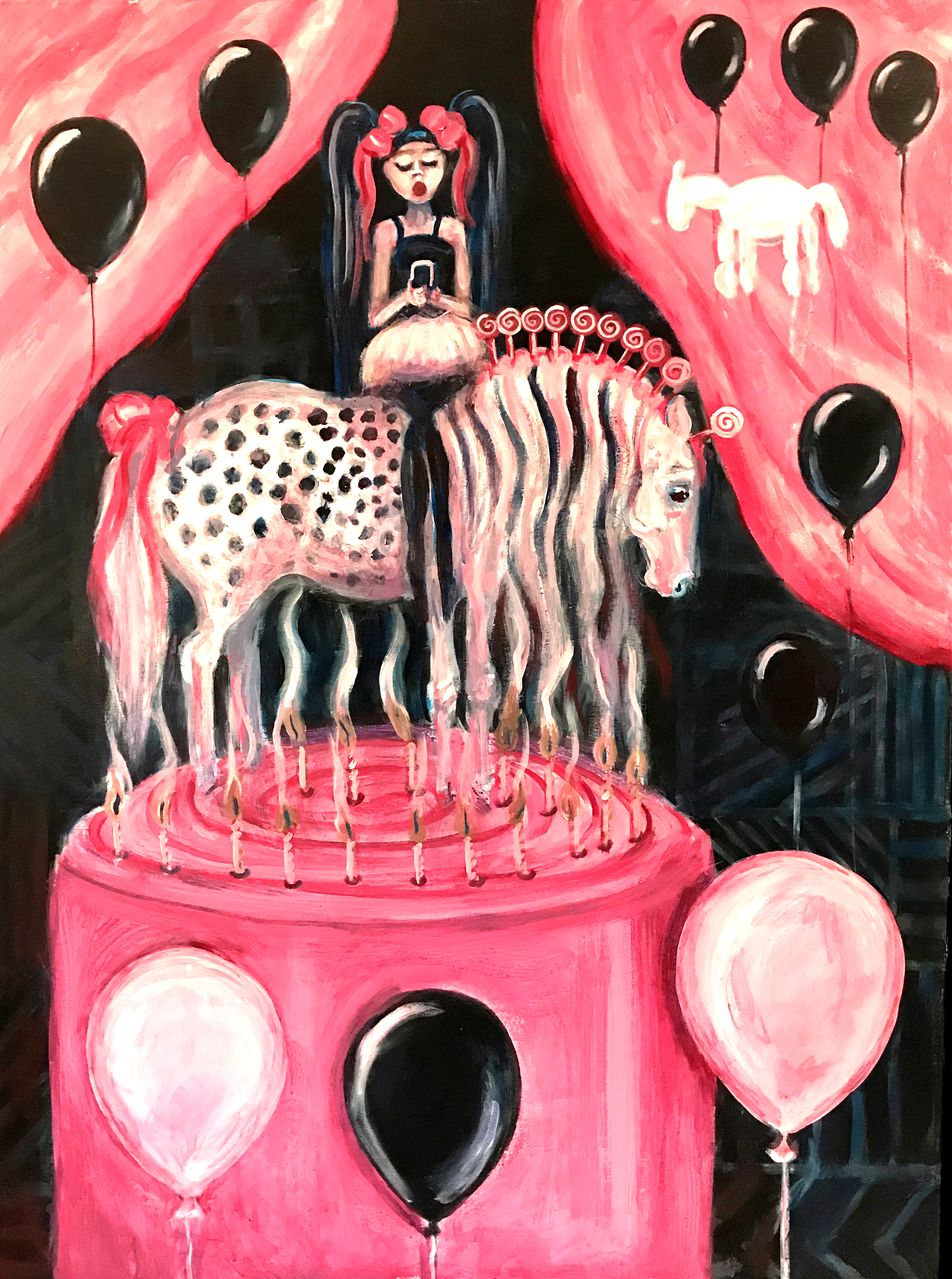 Child texting on a pony atop a birthday cake