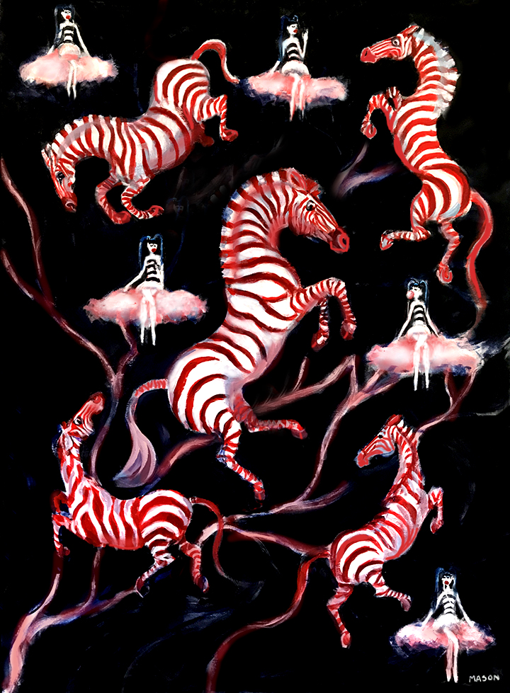 Red striped zebras floating in pink clouds