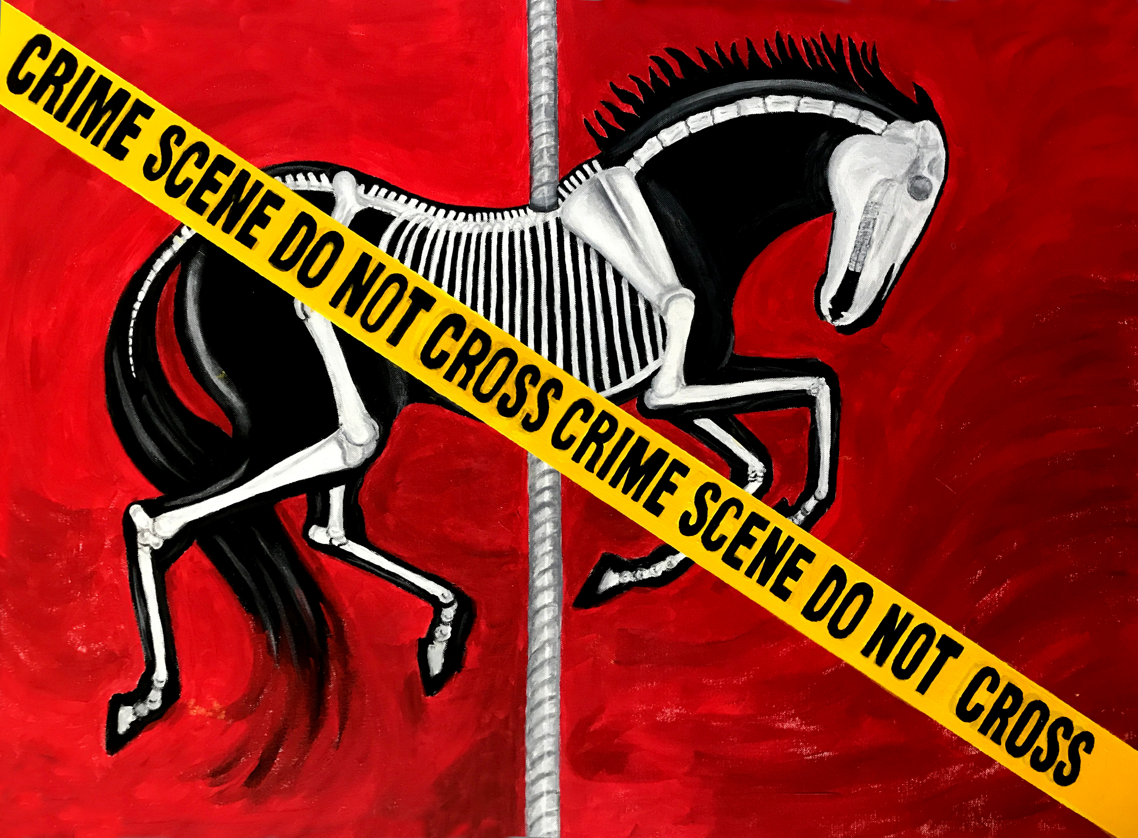 Carousel horse skeleton on red background with crime scene tape