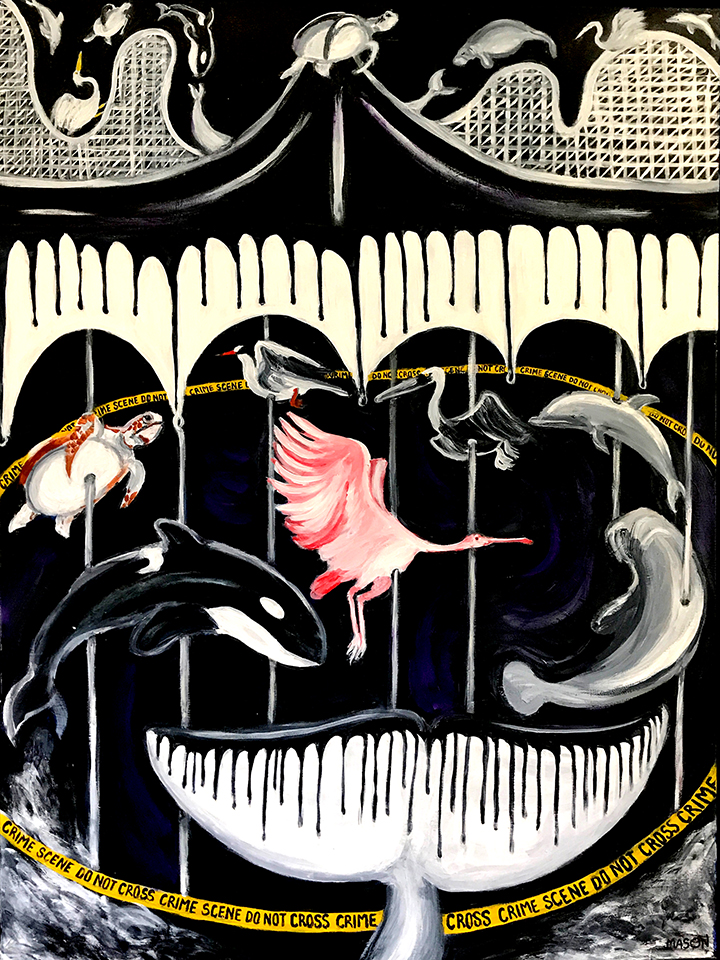 Marine mammals on a carousel covered in oil