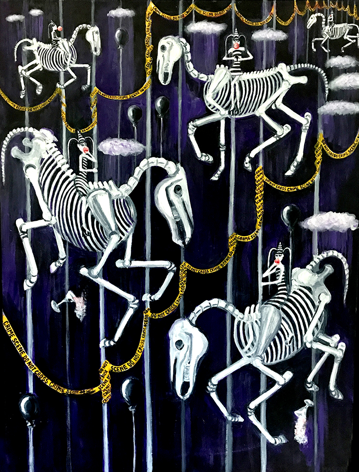 Children riding carousel horse skeletons at night