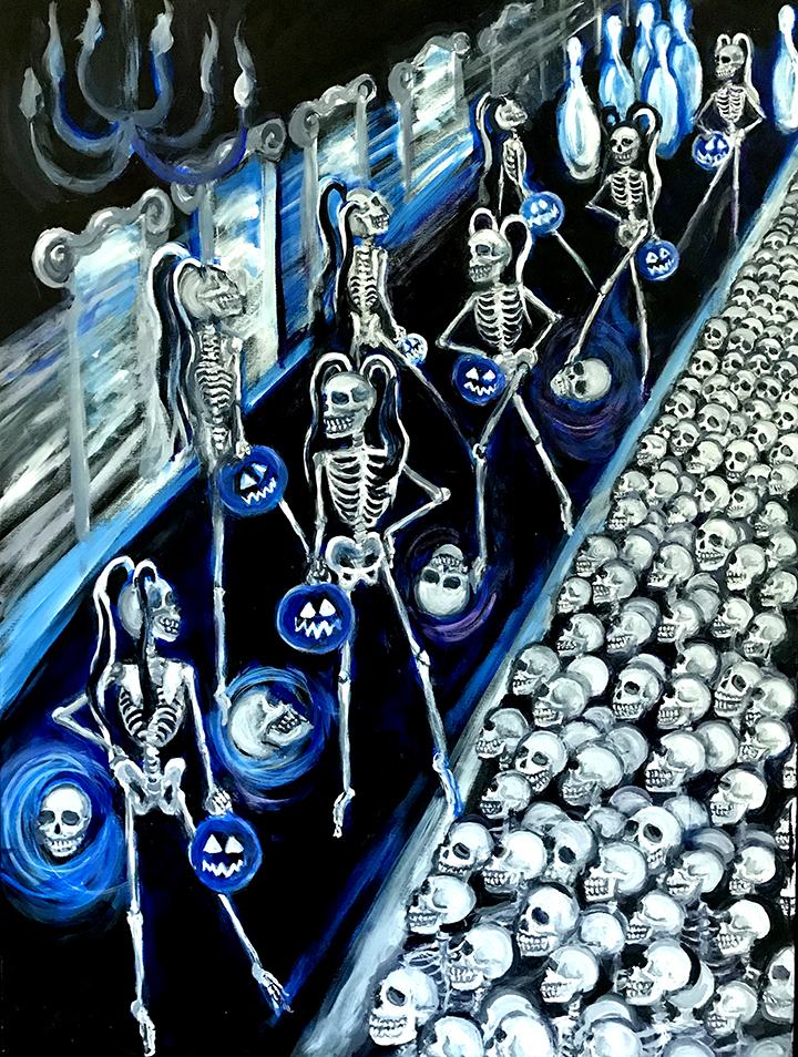 Skeleton models rolling pumpkins