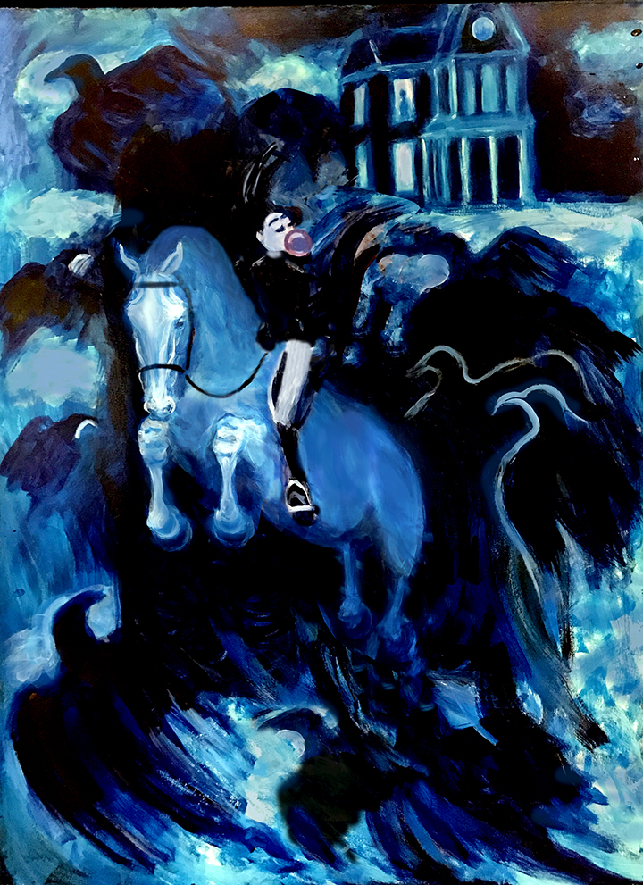 Girl riding horse in flock of crows leaving Hitchcock house