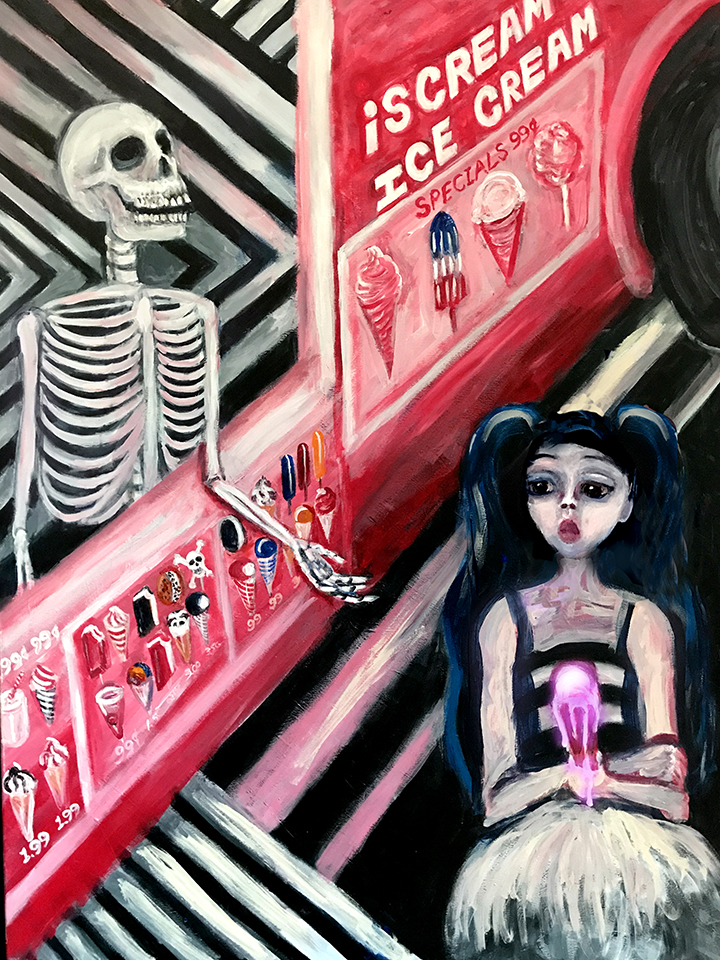 Child buying ice cream from a skeleton