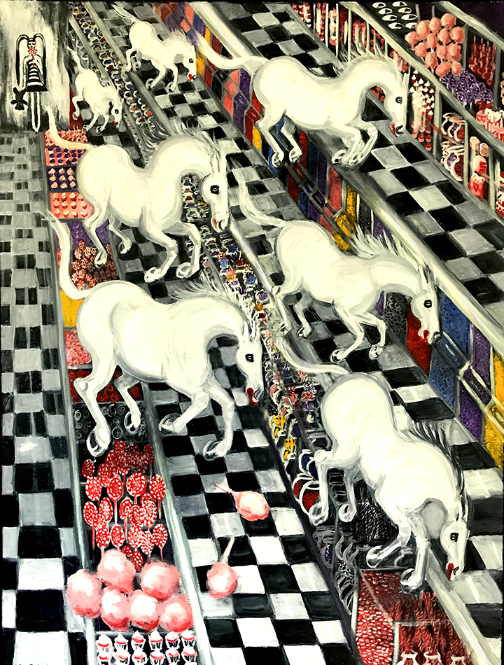 Girl lost in a candy shop with white ponies