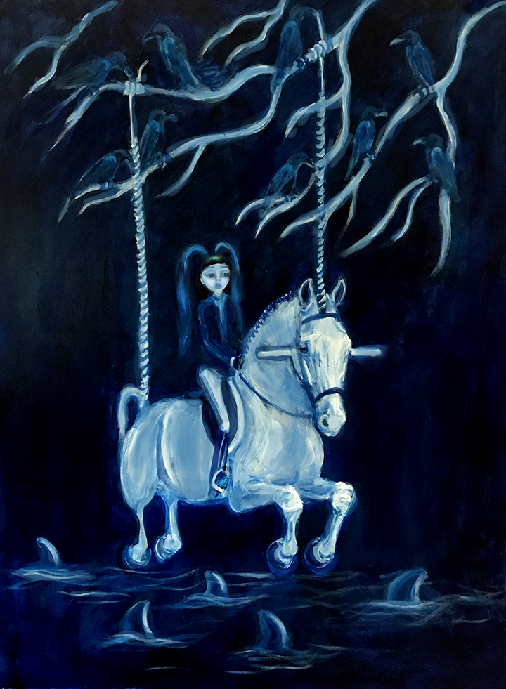 Child on horse between crows and sharks