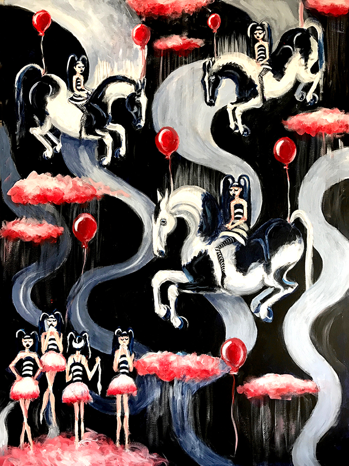 Pinto ponies dancing in pink clouds