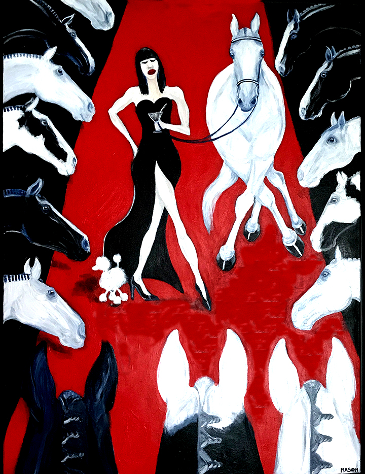 Model strutting on red carpet with white horse