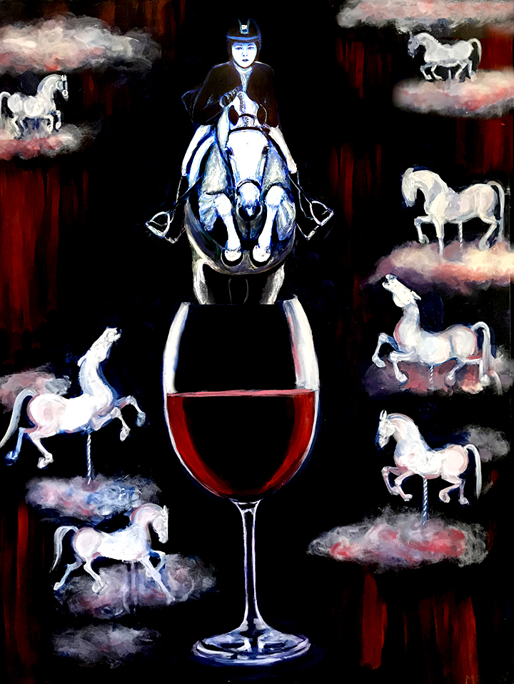 Surreal horse jumping over a glass of wine in the clouds