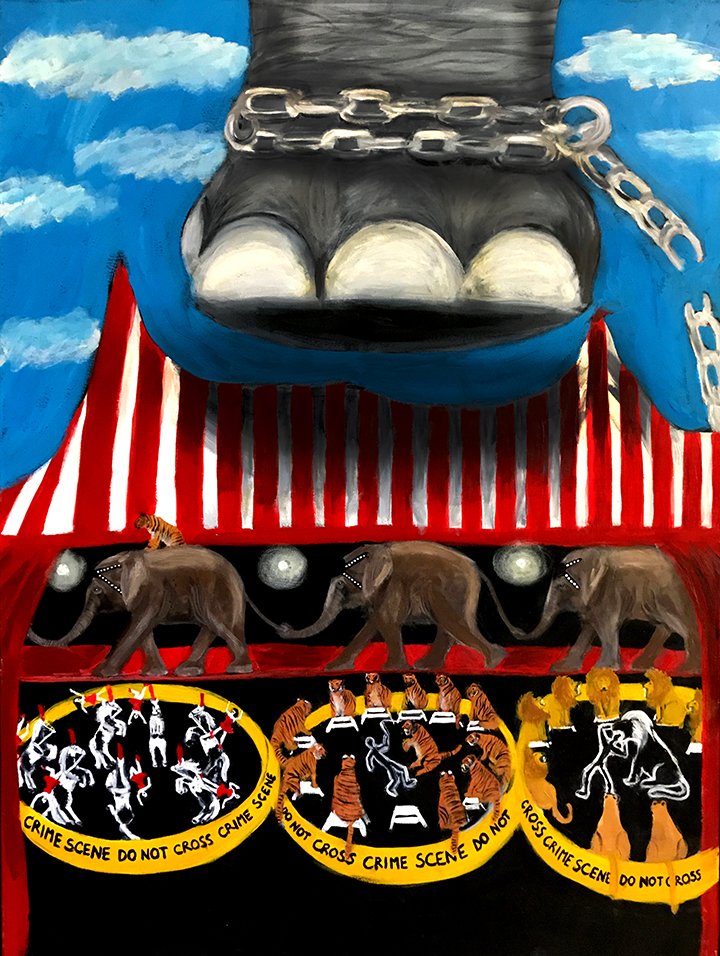 Elephant stepping on circus tent