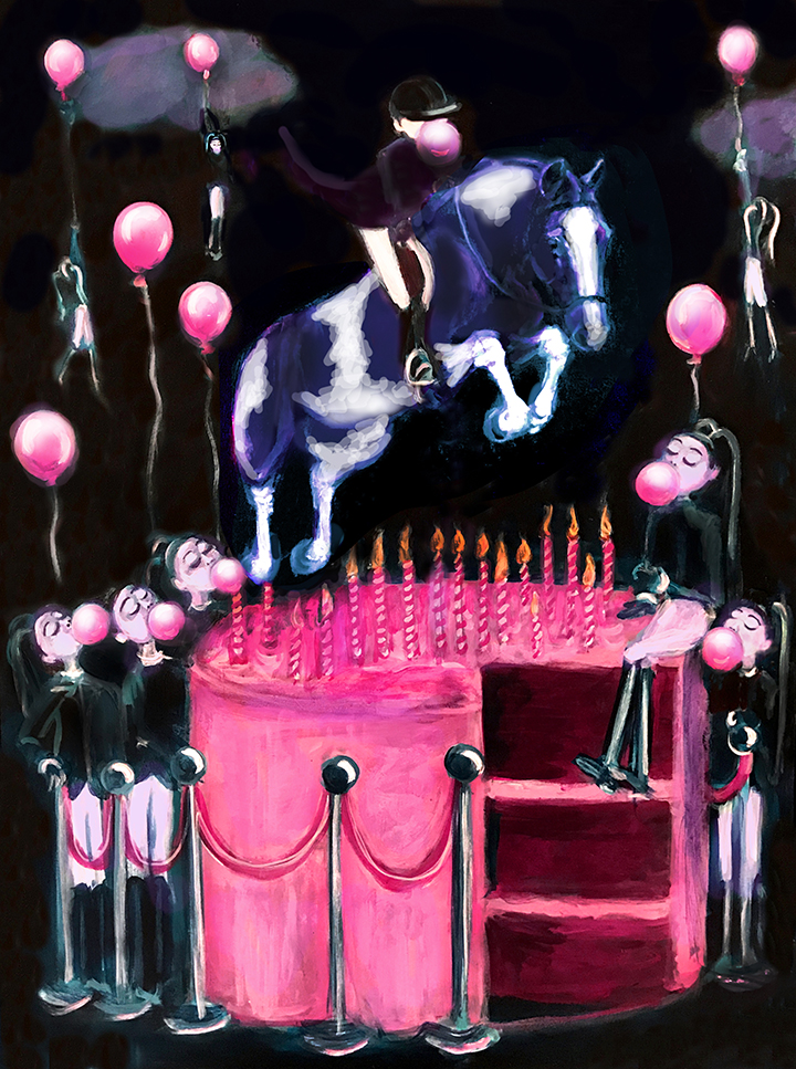 Girl jumping a pinto pony over a birthday cake