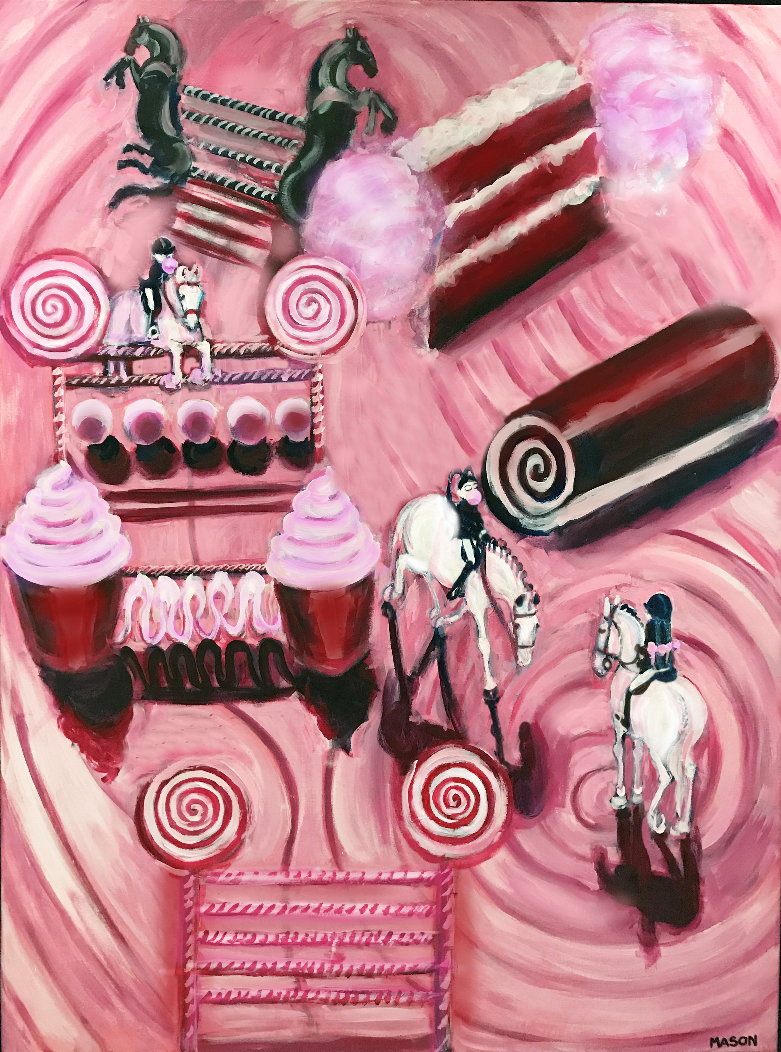 White ponies in a Candyland jumper course