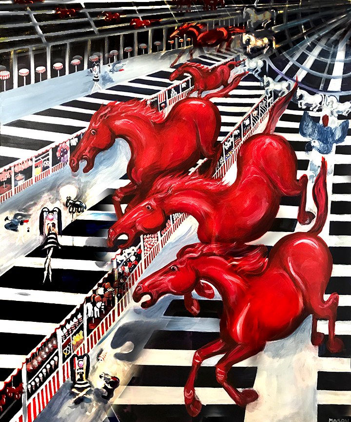 Red horses crashing a carnival