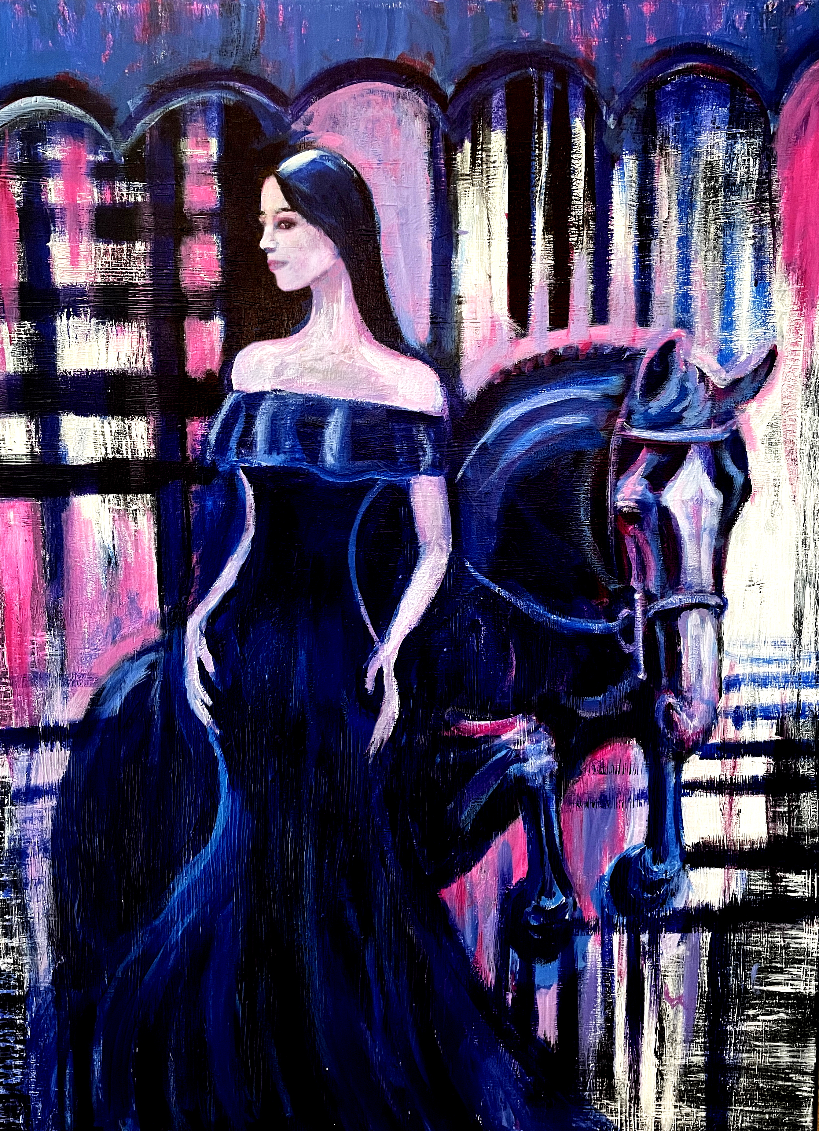 Woman on carousel with graphic background