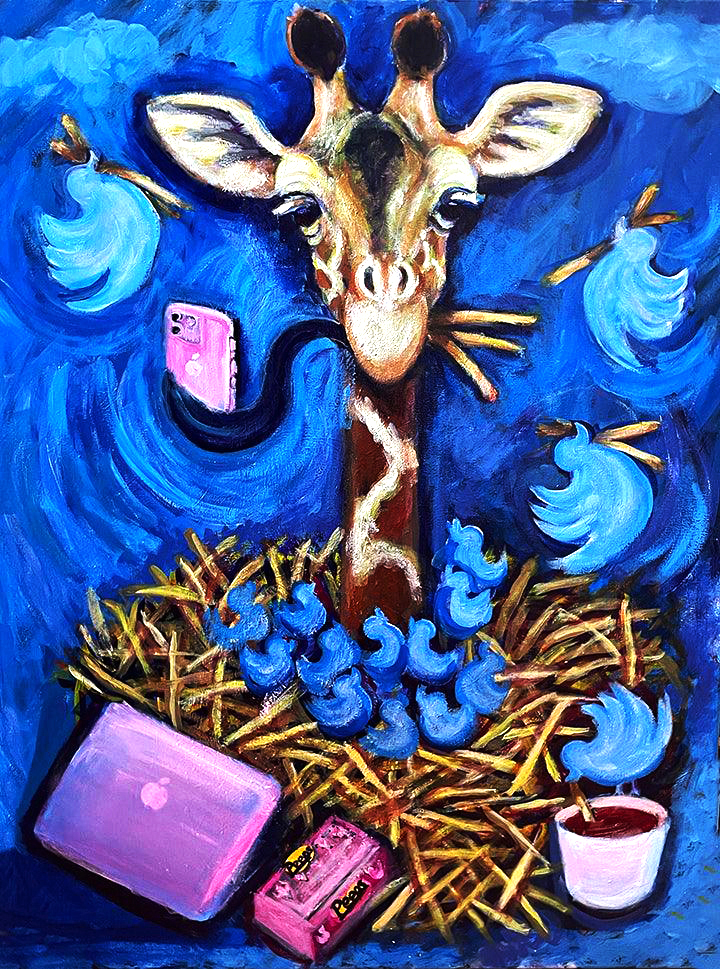 Painting of a giraffe taking a selfie while eating french fries with flying Peep birds.