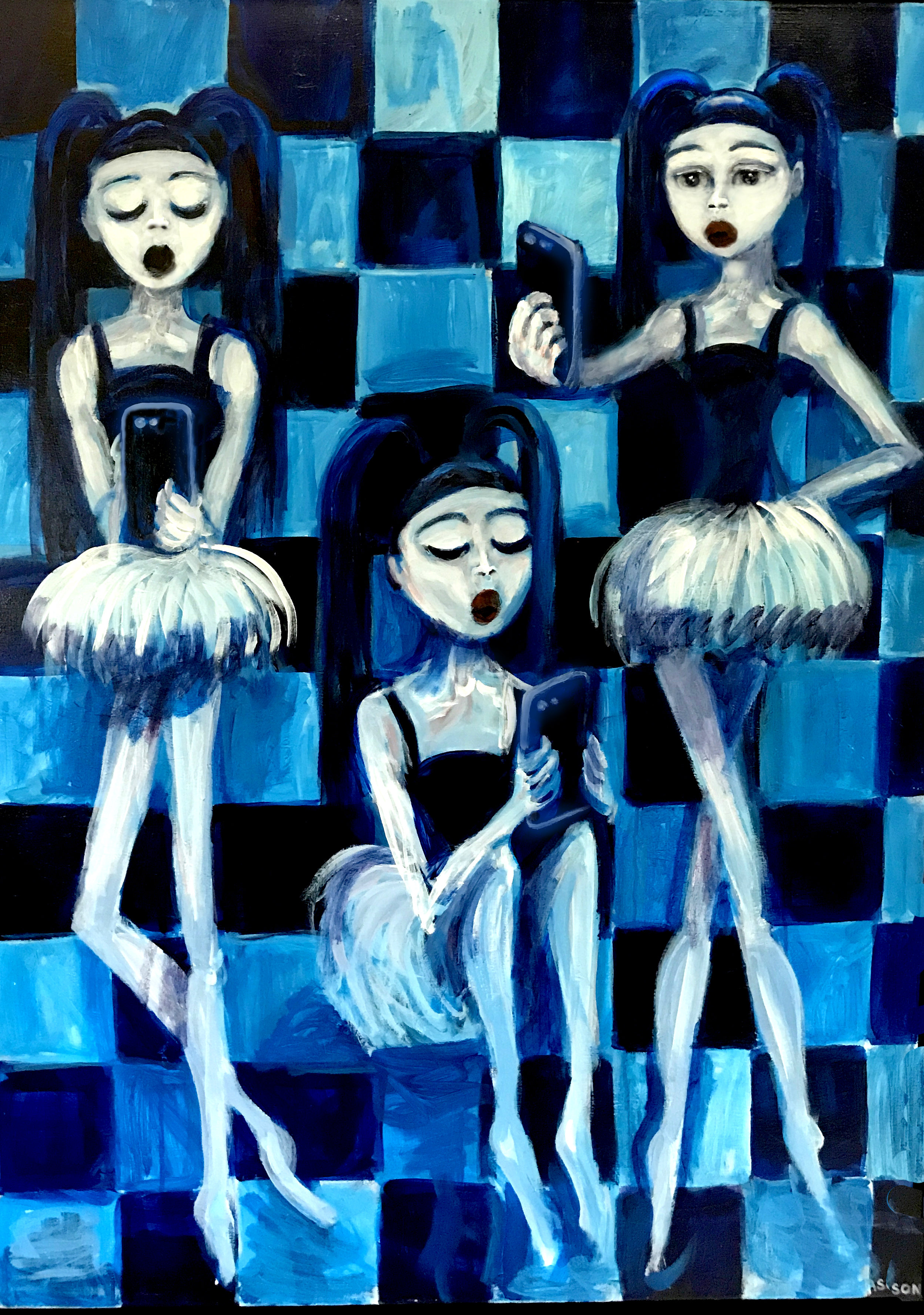 Three girls play on their phones on checkerboard background