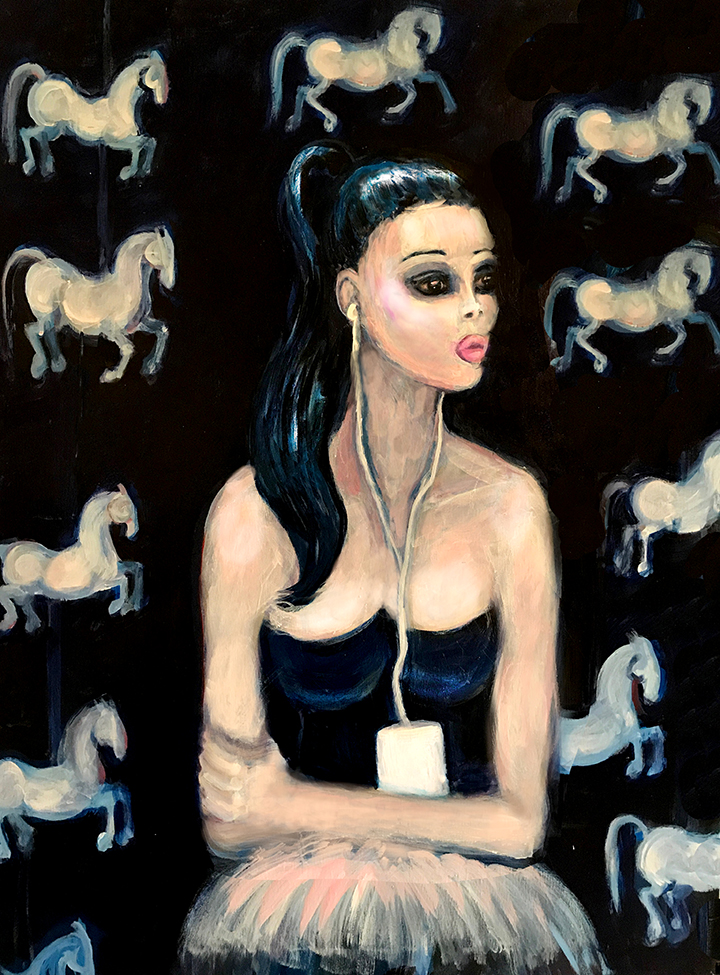 Woman on carousel at night