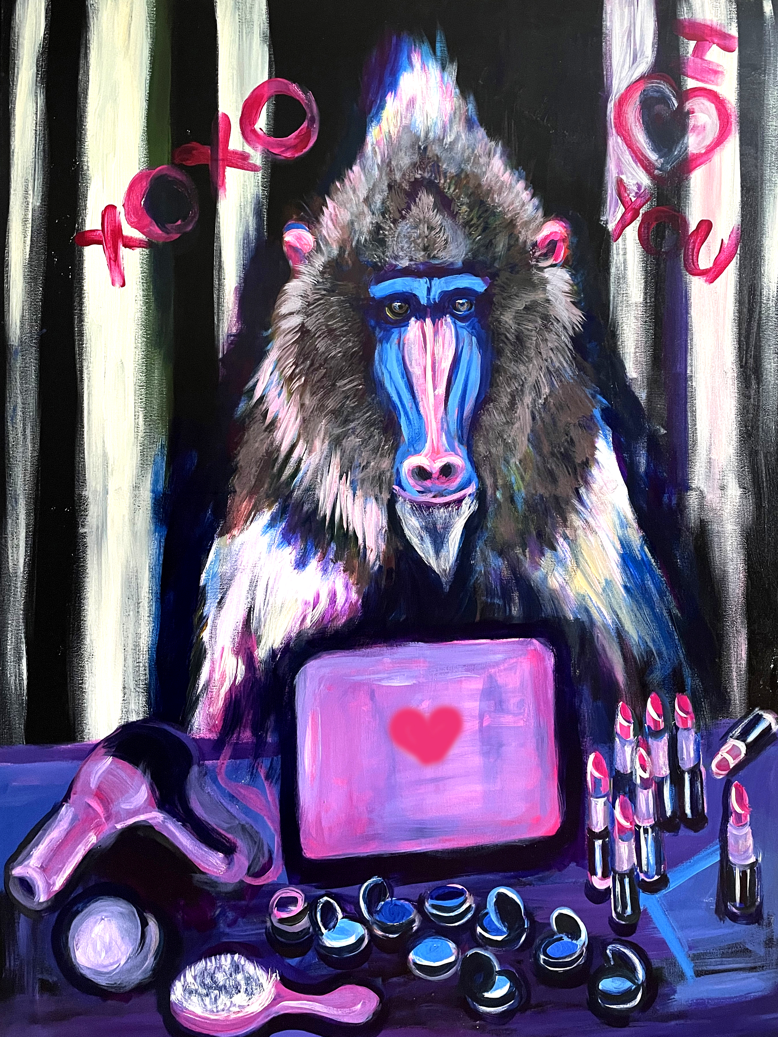 Surreal painting of a mandrill at a MacBook surrounded by makeup.