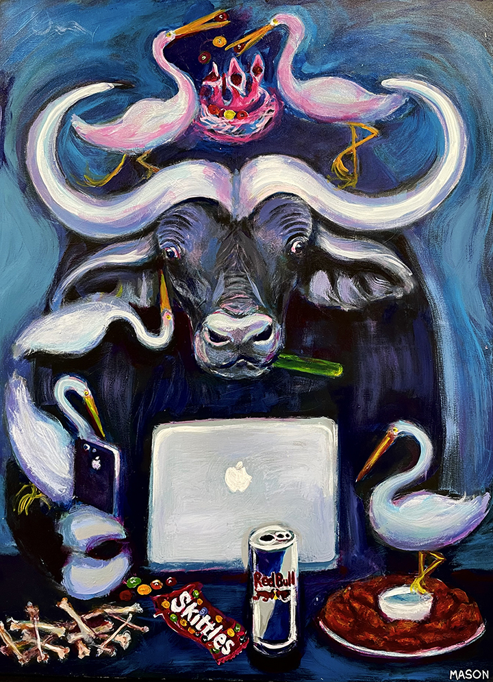 Cape buffalo and egrets taking a selfie picture