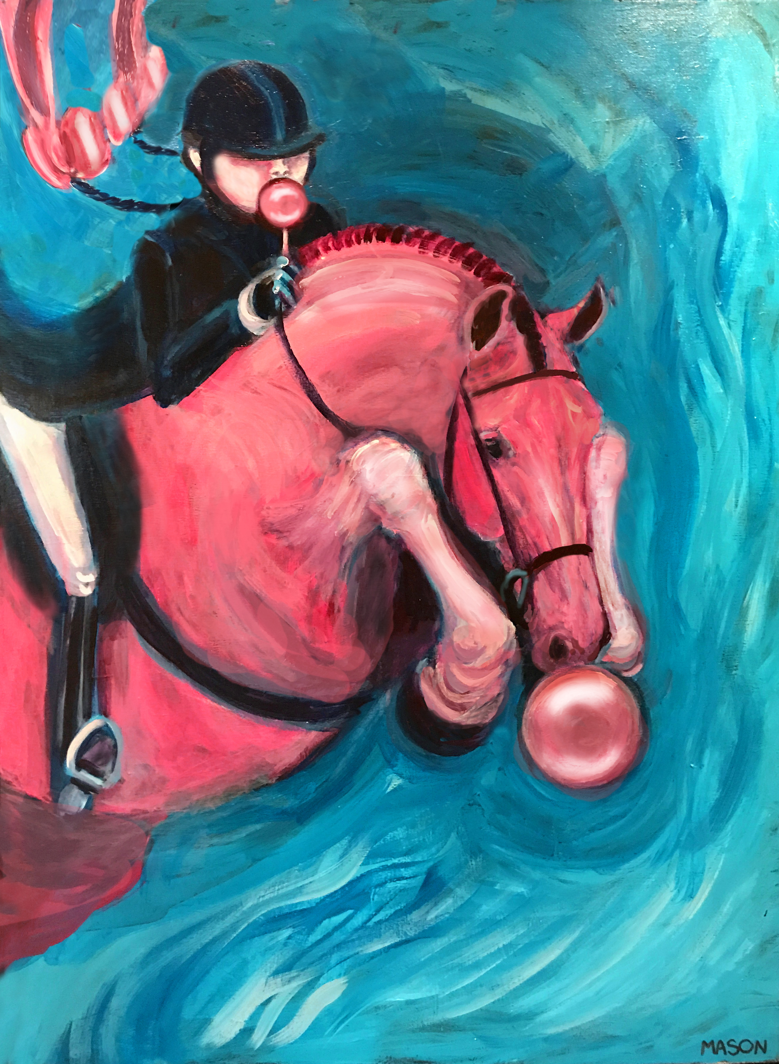 Child riding a pink pony blowing bubble gum