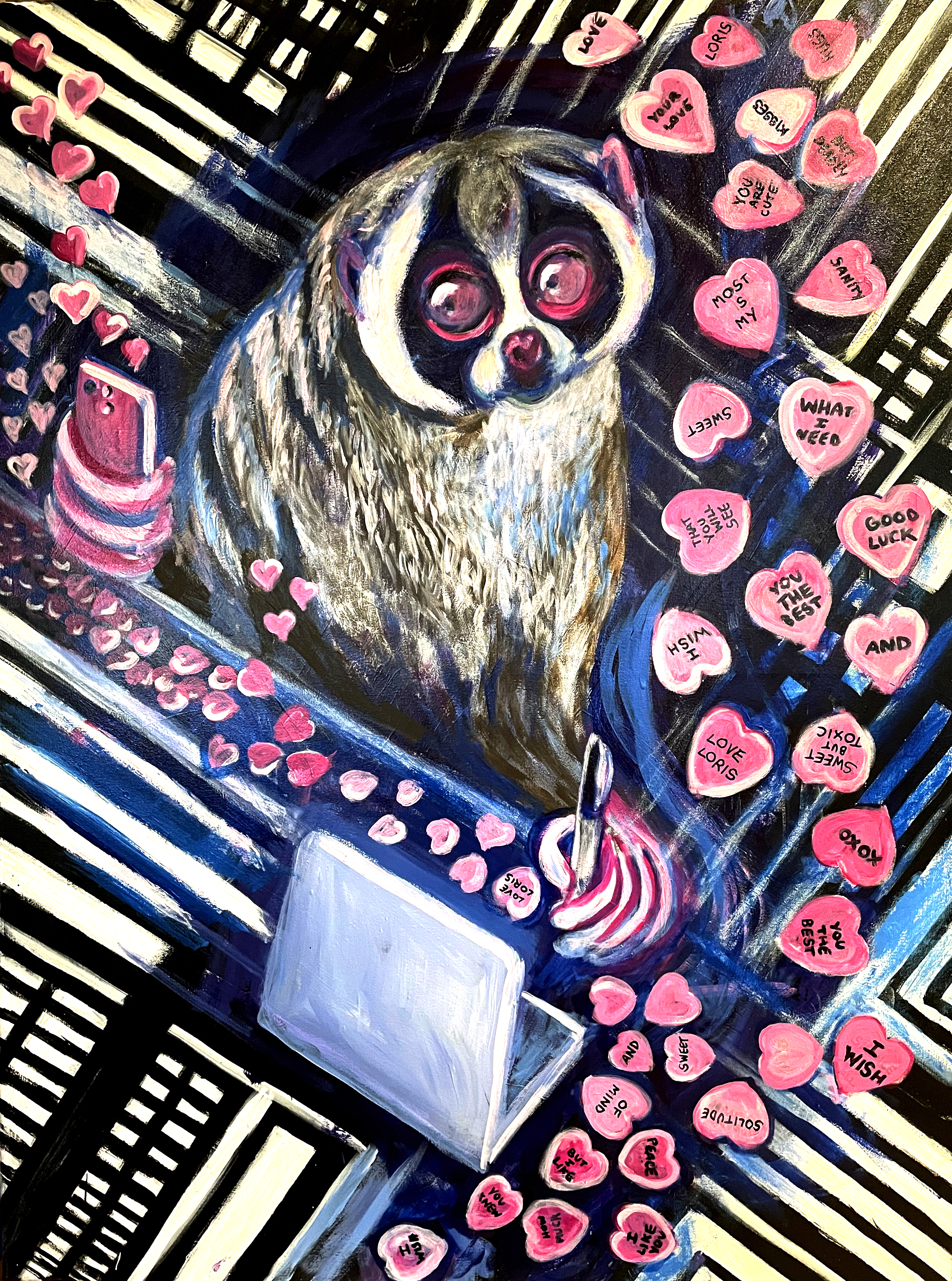 Painting of a surreal slow lemur writing messages on candy valentines.