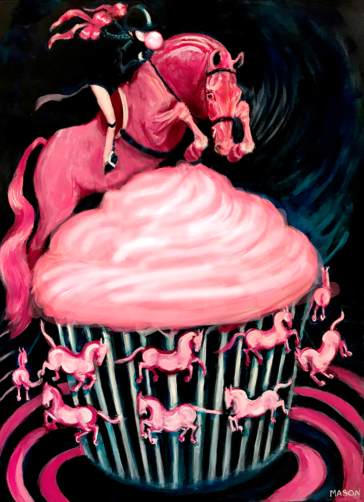 Pink pony jumping over pink frosted cupcake carousel